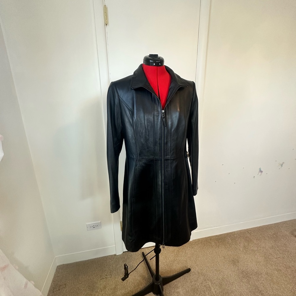 Katherine Kelly Black Lamb Leather Zip-Front Coat, SZ S, made in Korea - Picture 2 of 9